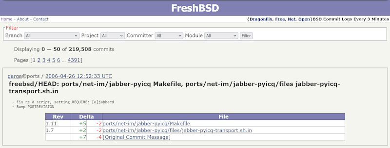 FreshBSD.org version 1 on April 26th 2006 - indexing 220k commits, with a simple HTML drop-down filtering form, and a tagline of '{DragonFly, Free, Net, Open}BSD Commit Logs Every 3 Minutes'.