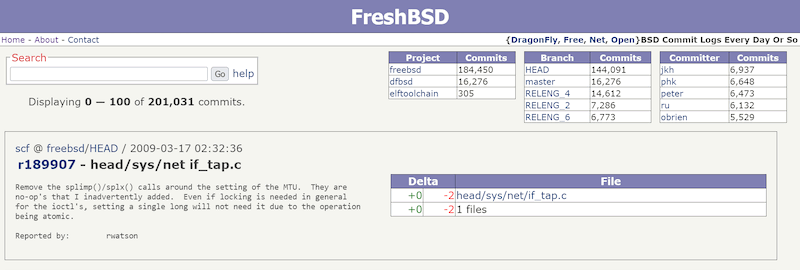 FreshBSD beta site, version 2, March 17th 2009 - indexing 201k commits, with a search text input on the left and a set of dual column tables on the right showing 'Project', 'Branch' and 'Committer' facet counts. The tagline of this early version promises 'Commit Logs Every Day Or So'.
