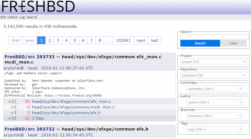 FreshBSD.org version 4 beta on January 12th 2016, 'BSD Commit Log Search', indexing 5.1 million commits. The plain text 'FreshBSD' logo has a stylised 'E' constructed out of plus and minus characters reminiscent of a unified diff. The header is a sort of blue-white gradient that I guess I thought looked good at the time. The search form including drop-down facets is in a bar down the right side. The pagination display helpfully invites you to page 102,841.