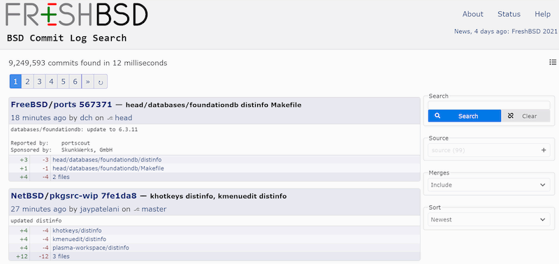 FreshBSD.org version 4 on March 5th 2021, indexing 9.2 million commits. The 'FreshBSD' logo now has red and green on the stylised 'E'. The compact pagination display invites you to reverse the sort order instead of going to the last page.